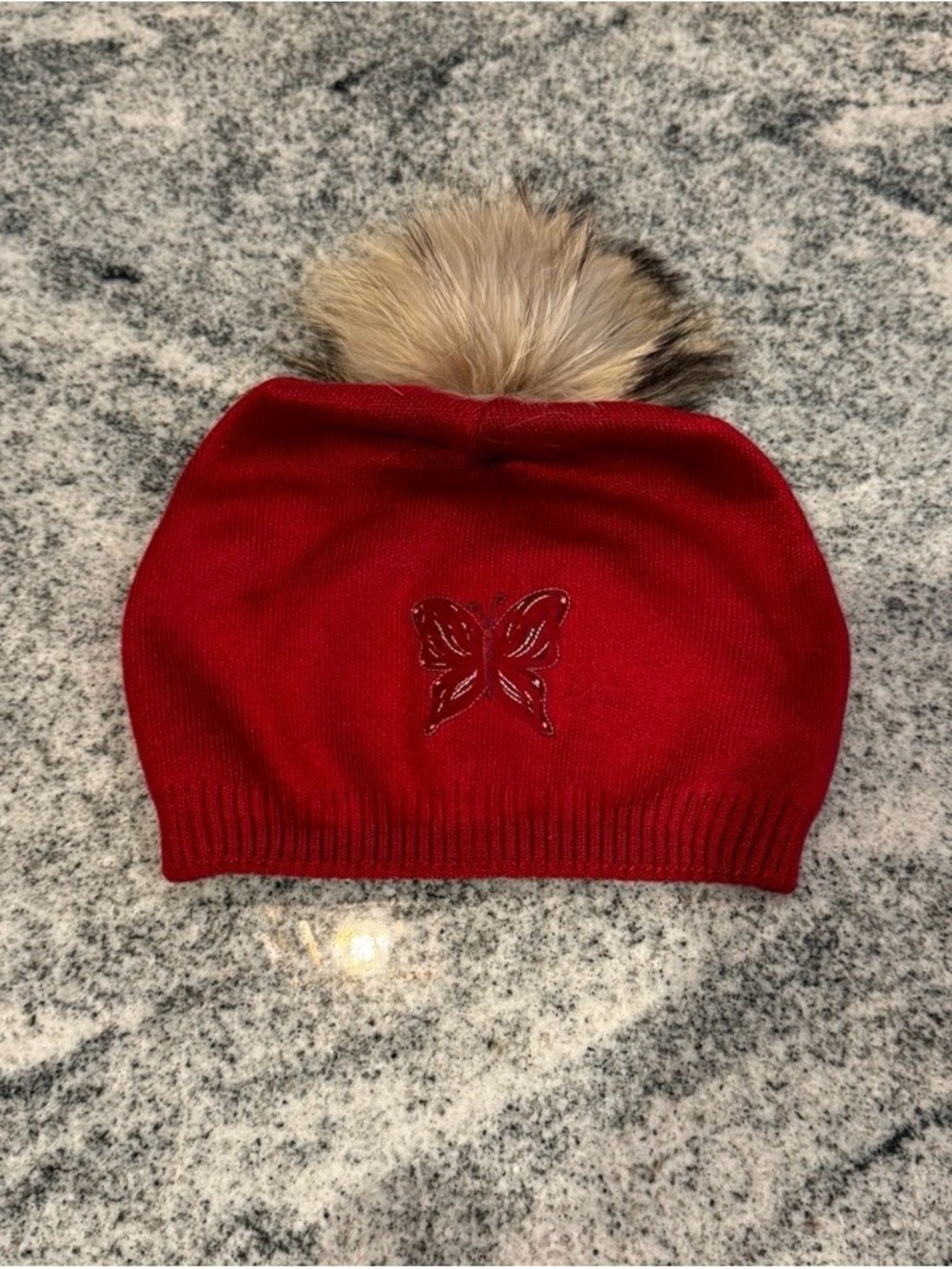 New Custom Designed Red Raspberry Knit Slouchy Pom Beanie with Layered Butterfly